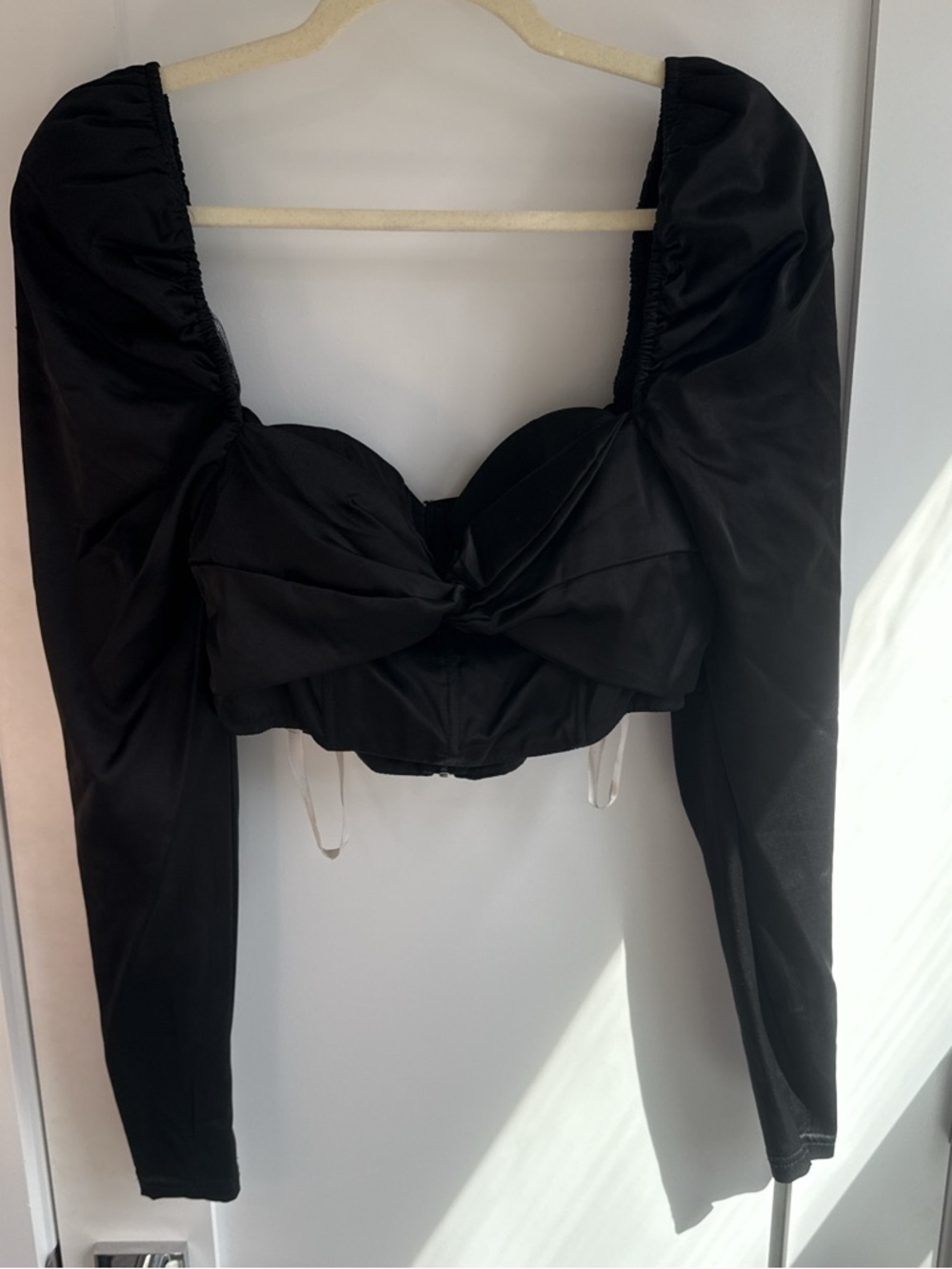 NBD Black Satin Puff Sleeve Crop Top with Front Twist